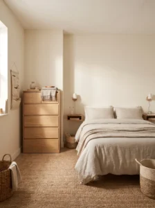 Compact bedroom using a tall narrow chest of drawers to save floor space