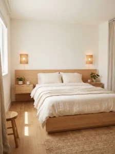 Small master bedroom with a platform bed and built-in nightstands