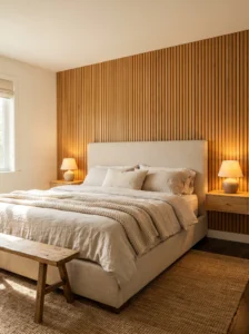 Master bedroom with a warm wood-paneled headboard wall behind the bed
