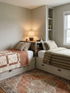 Shared bedroom with twin beds positioned at right angles in an L-shaped layout
