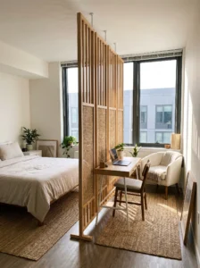 Rental bedroom zoned with a freestanding room divider between the bed and workspace