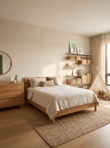Flexible neutral bedroom layout designed to transition from a kids room to an adult bedroom