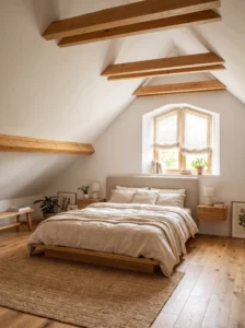 Low platform bed opening up a master bedroom with a low sloped ceiling