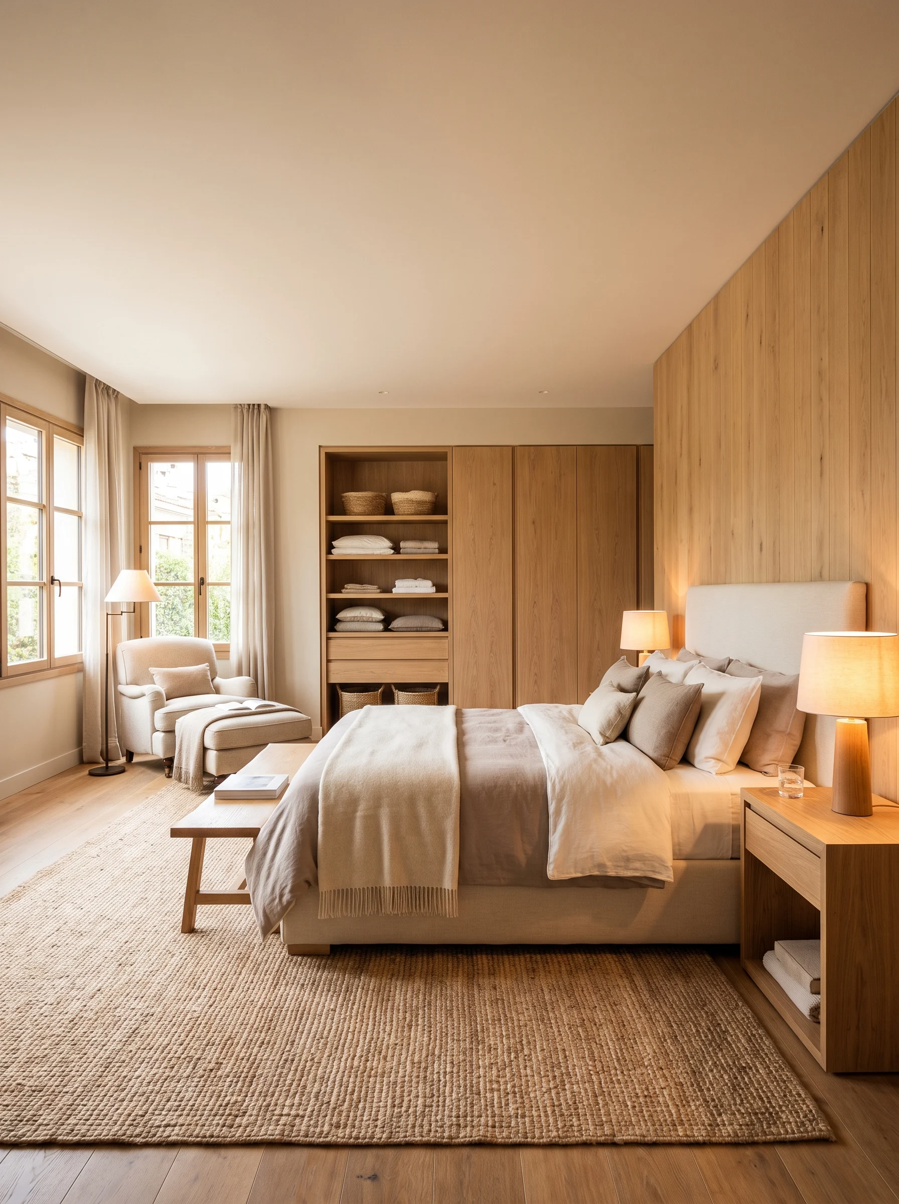 Calm and cozy master bedroom with balanced furniture, soft neutral colors, warm lighting, and practical layout
