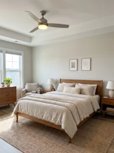 Master bedroom layout designed around a centered ceiling fan for better airflow
