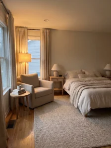 Master bedroom with a cozy reading nook featuring an armchair, side table, and floor lamp