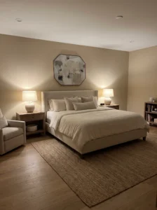 Symmetrical master bedroom layout with one oversized asymmetrical artwork