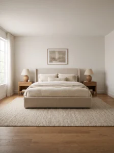 Master bedroom with the bed centered on the longest wall and matching nightstands