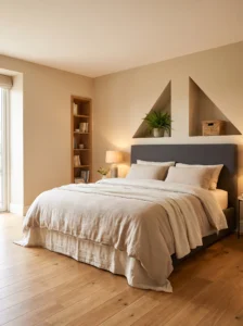 Master bedroom with a bed angled diagonally into a corner to use an awkward room shape