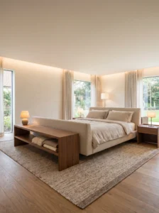 Large master bedroom with a floating bed and narrow console behind the headboard