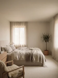 Calm master bedroom with intentional negative space and uncluttered furniture layout
