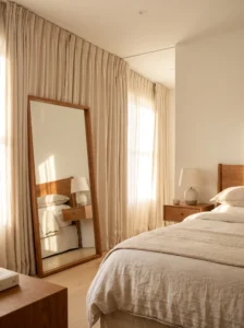 Full-length mirror opposite a bedroom window reflecting natural light across the room