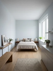 Narrow bedroom with the bed pushed against the shortest wall to improve walking space