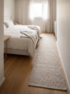Narrow bedroom with a long runner rug placed beside the bed for warmth