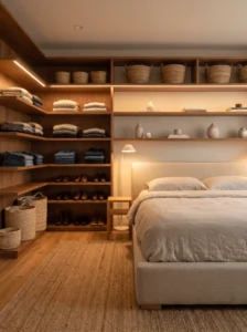 Master bedroom with open shelving used as stylish vertical clothing and accessory storage