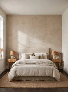 Master bedroom with a textured limewash accent wall creating depth behind the bed