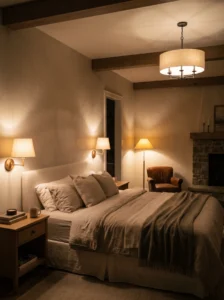 Master bedroom with layered bedside, floor, and overhead lighting for a warm atmosphere
