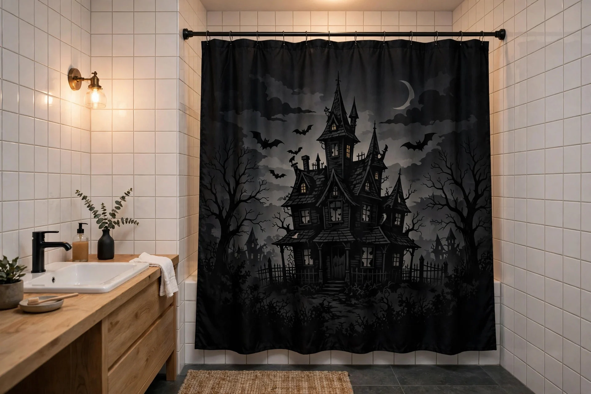 Bathroom with black Halloween shower curtain printed with haunted house silhouette