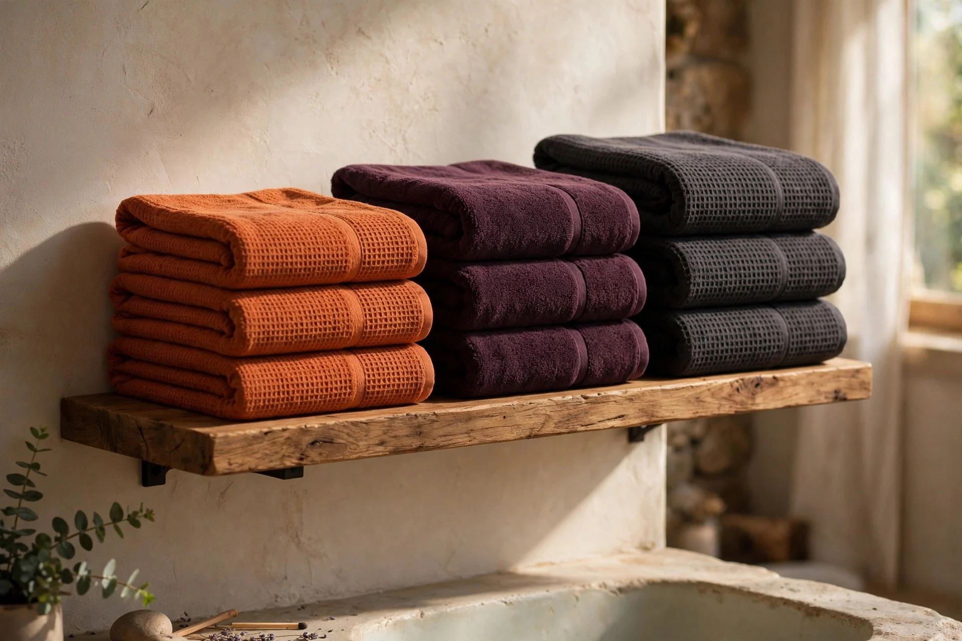 Folded burnt-orange, plum, and charcoal towels stacked on a bathroom shelf