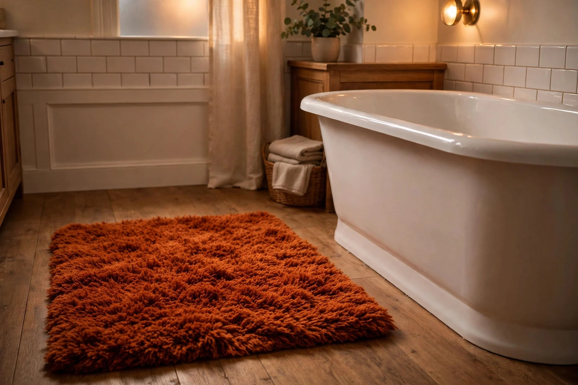 Bathroom floor with deep-orange shag bath mat beside a white tub