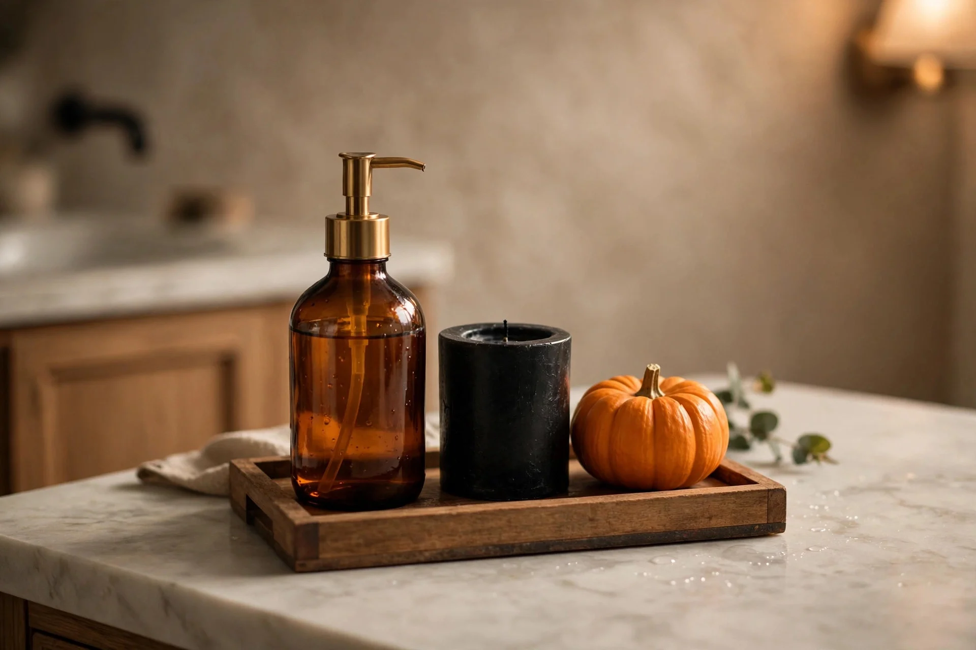 Vanity tray with amber soap dispenser, black candle, and mini pumpkin