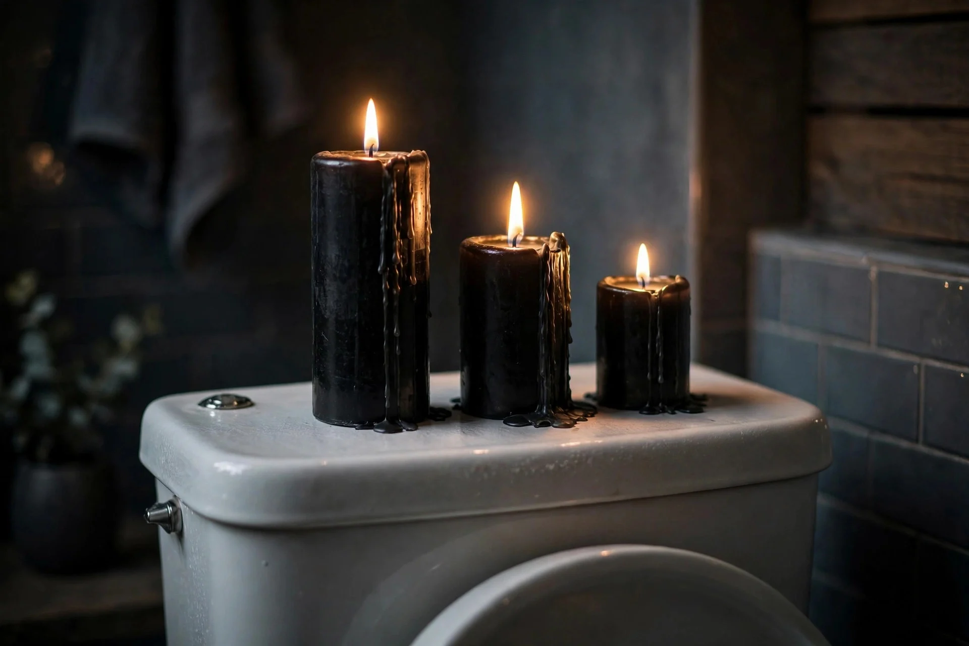 Black pillar candles glowing on the back of a toilet tank