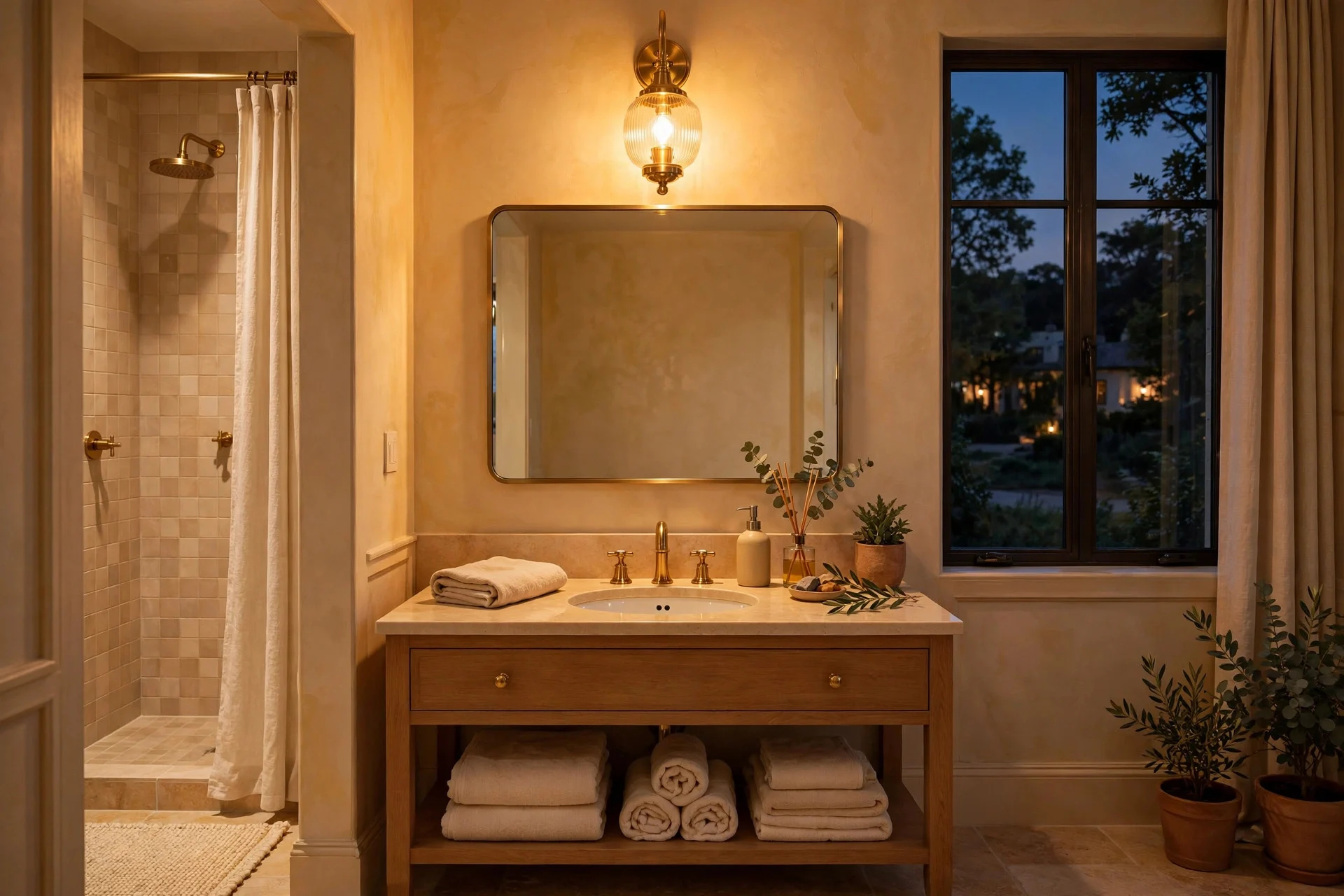 Bathroom glowing with warm golden light from a vintage wall sconce