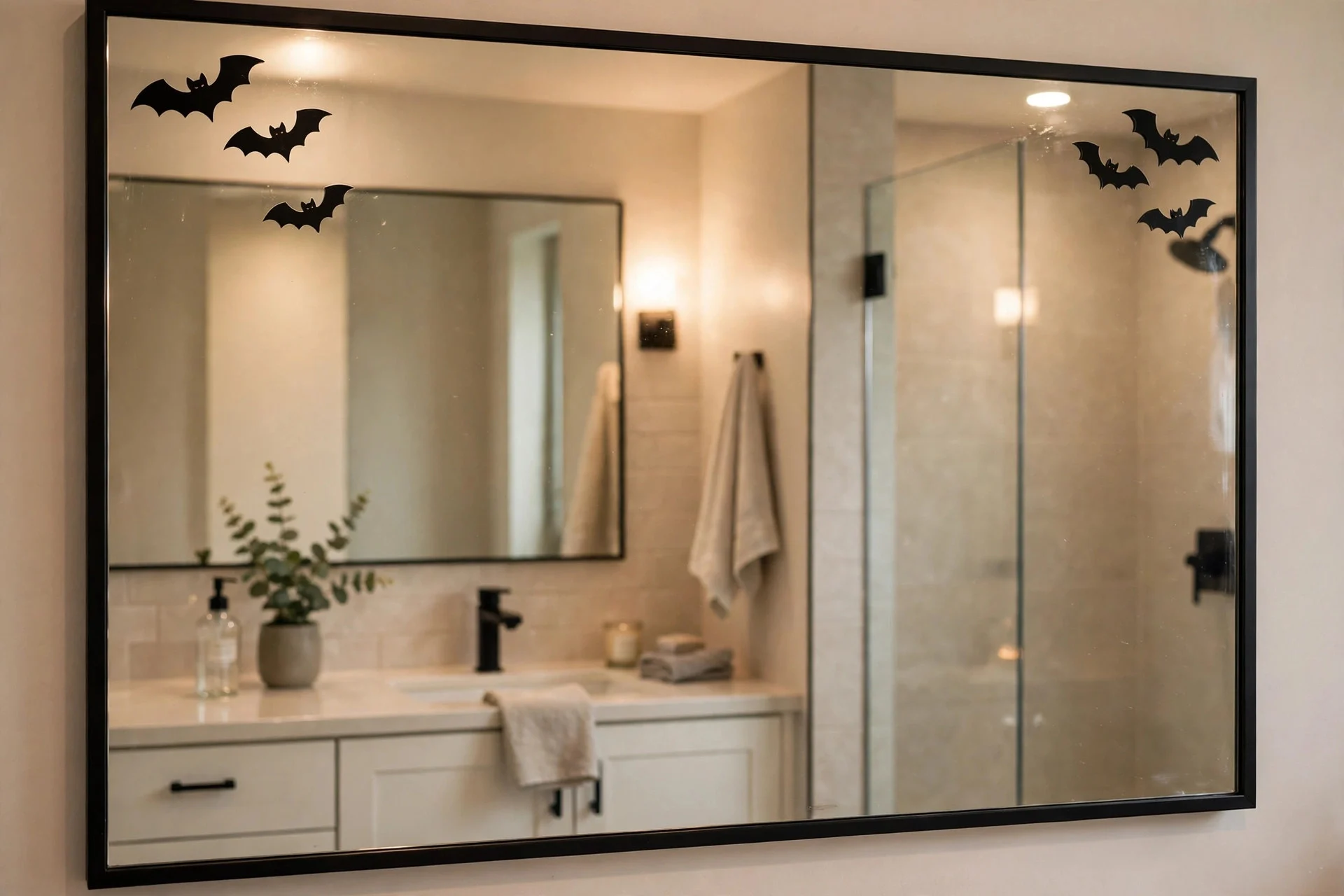 Bathroom mirror corners decorated with small black bat window clings