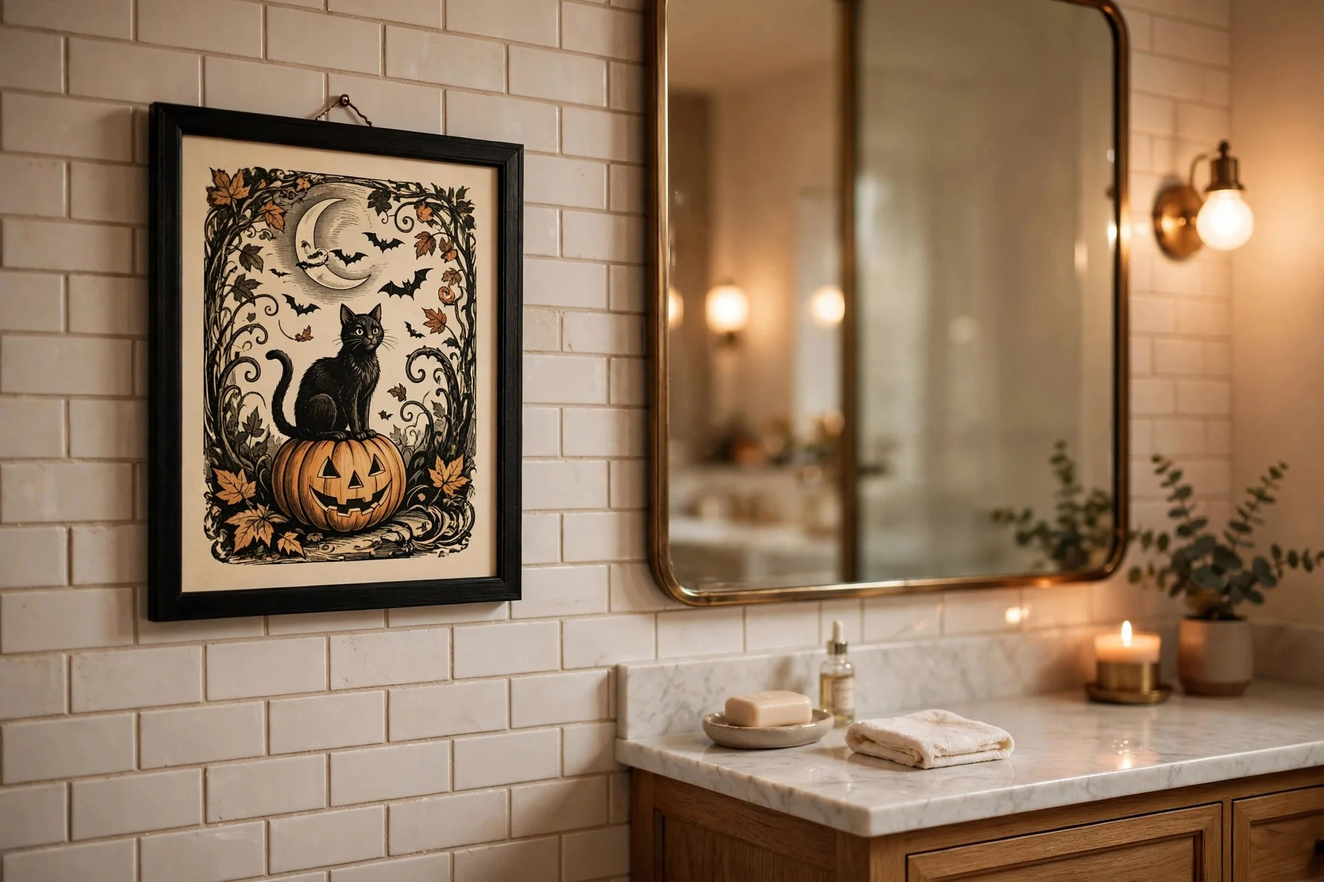 Black-framed vintage Halloween illustration hanging on a bathroom wall