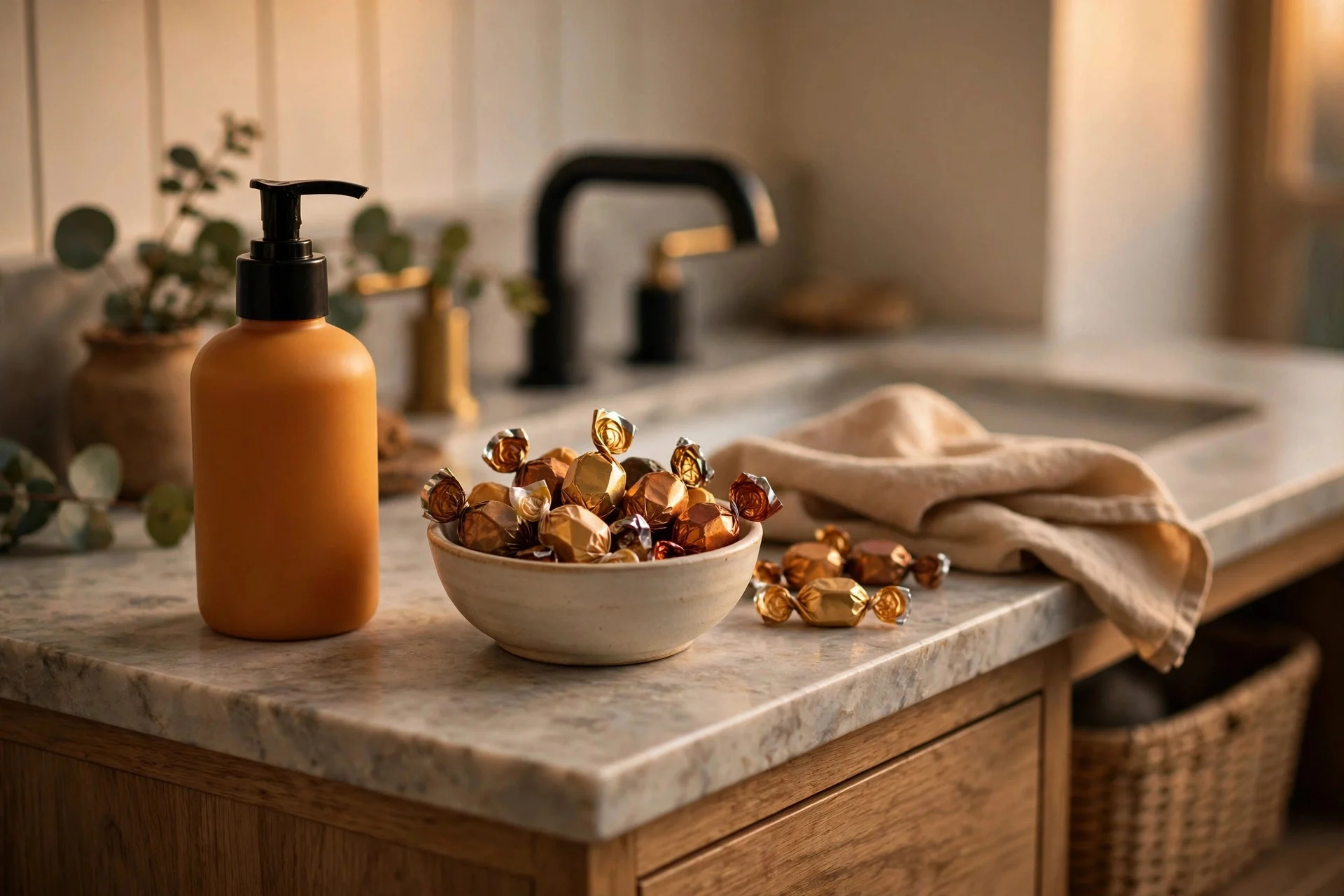 Vanity with pumpkin-spice hand soap and a small bowl of wrapped candies