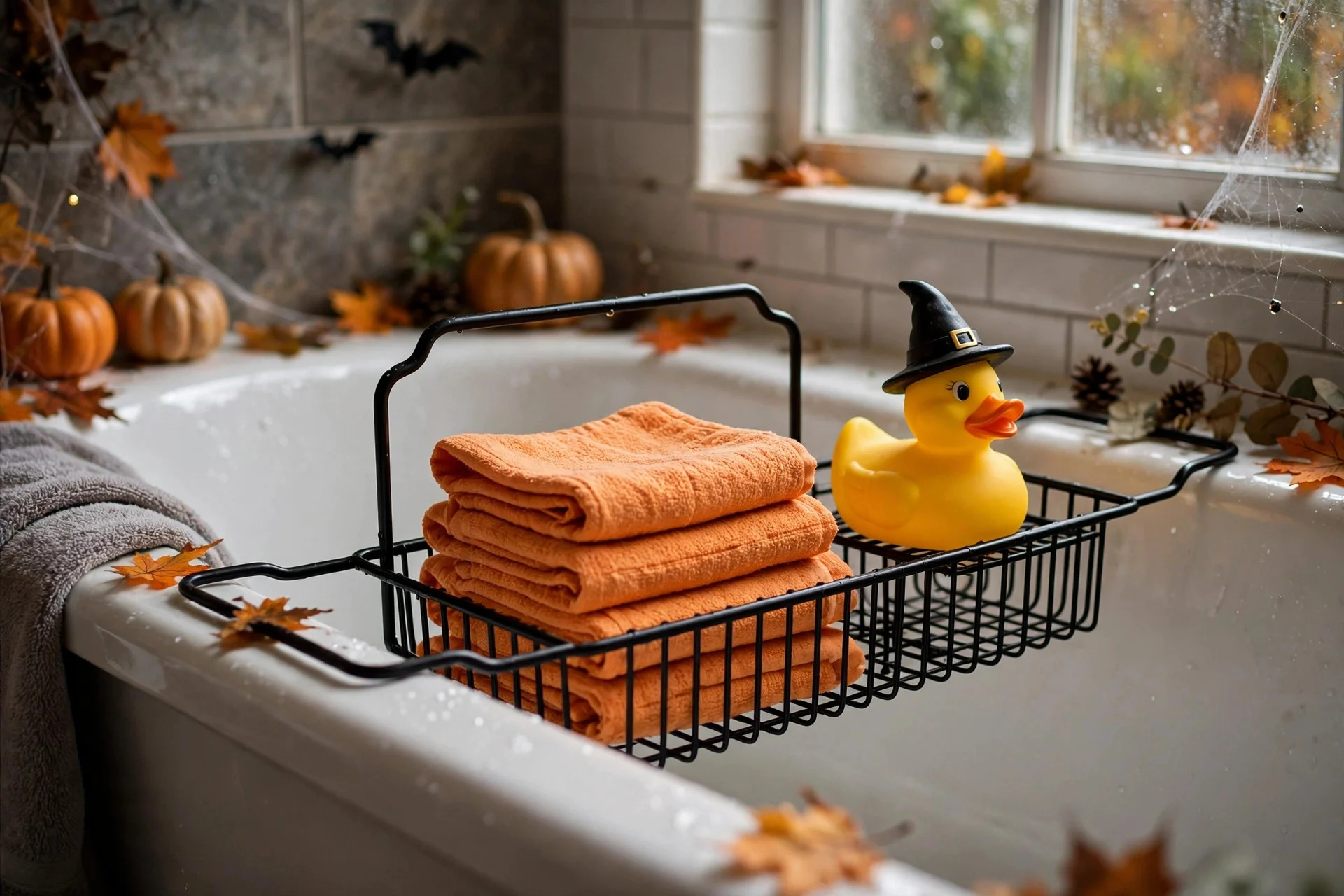 Black shower caddy holding orange washcloths and a costumed rubber duck