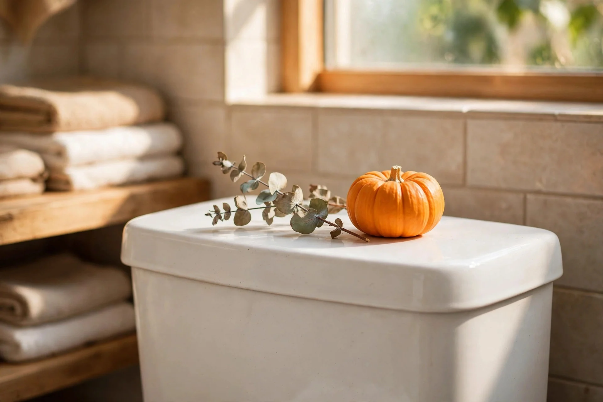 Mini orange pumpkin with dried eucalyptus sprig on a toilet tank lid