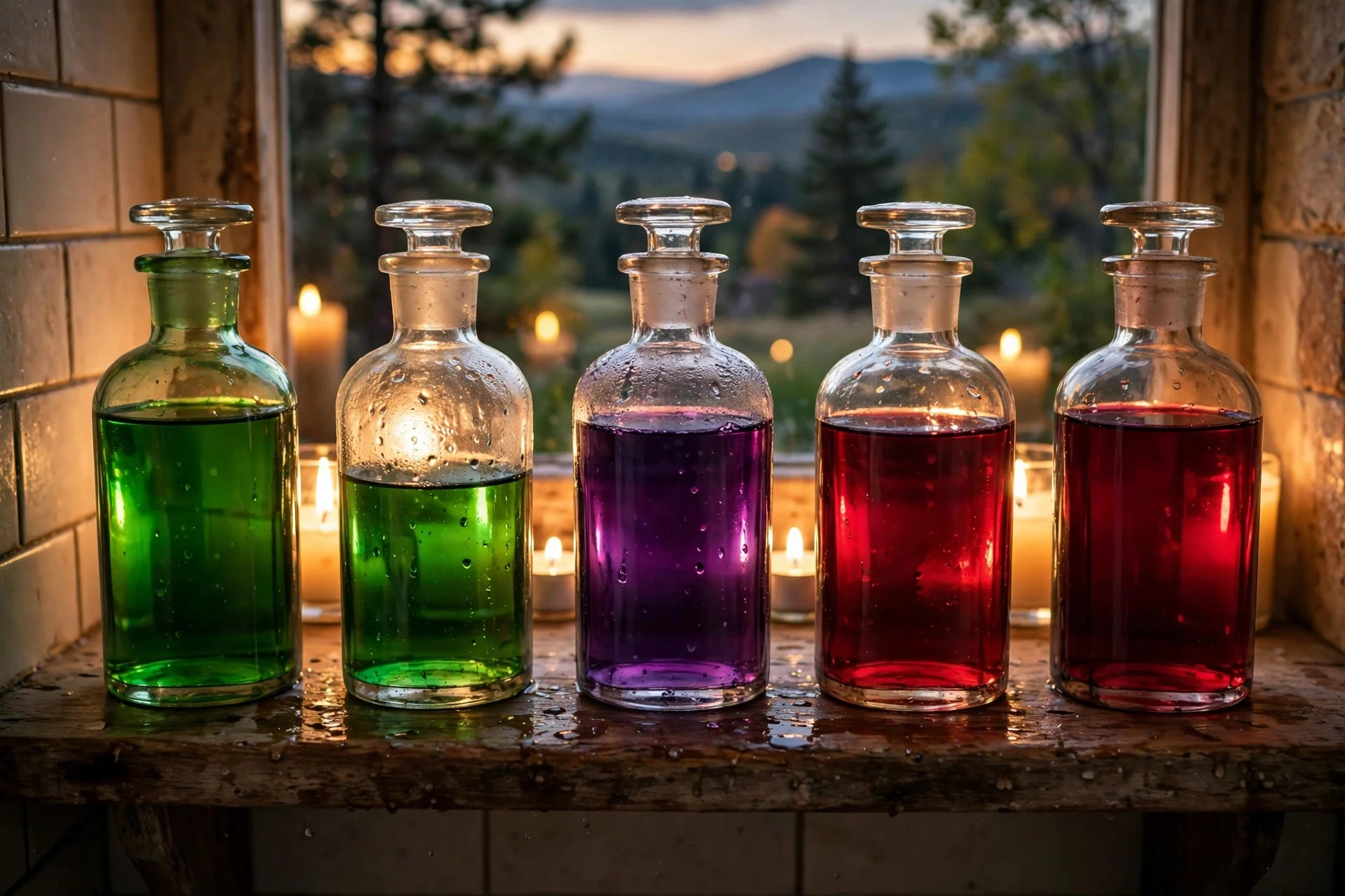 Glass potion bottles filled with green, purple, and red liquid on a shelf