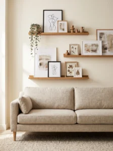 IKEA LACK floating shelves styled as a picture ledge gallery with layered framed artwork and greenery.