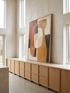Oversized statement artwork displayed above minimalist kitchen cabinets