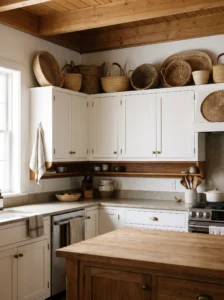 Woven baskets arranged above kitchen cabinets in a warm farmhouse kitchen