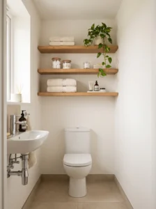 High-mounted floating oak shelves in a small bathroom displaying folded towels, toiletry jars, and a trailing green plant.