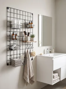Wall-mounted black grid panel with clip-on baskets, hooks, and shelves organizing toiletries beside a small bathroom vanity.