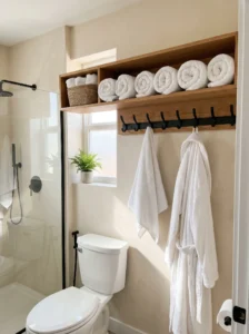 Wall-mounted oak towel shelf with rolled bath towels, a woven basket, and hooks holding a hand towel and bathrobe.