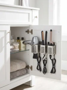 Heat-resistant hair-tool holder inside a bathroom vanity cabinet organizing a hair dryer, straightener, and neatly wrapped cords.
