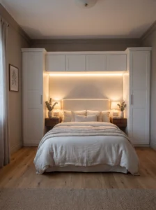IKEA PAX wardrobes flanking a bed with overhead bridge storage for a symmetrical built-in bedroom design.