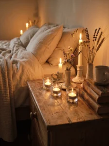 FINSMAK clear glass tealight holder styled on a cozy cottagecore bedside table