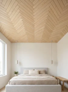 Natural birch plywood ceiling arranged in a geometric herringbone pattern above a minimalist bedroom.