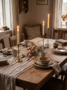 FULLTALIG brass-colour candlestick set styled on a cottagecore dining table