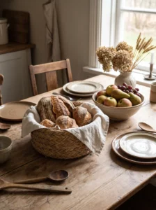 KLYFTA woven bread basket filled with fresh bread on a cottagecore kitchen table