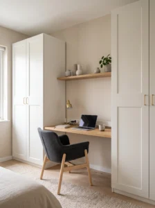 IKEA PAX wardrobes framing a built-in desk with a light oak worktop, floating shelf, and compact bedroom workspace.