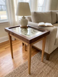 Large old picture frame transformed into a small side table with a glass top, visible botanical artwork, and wooden legs.
