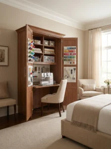 Murphy-style hideaway sewing desk in a multi-purpose room