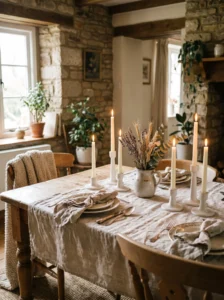 GODTAGBAR ceramic candlestick holders styled on a cottagecore dining table