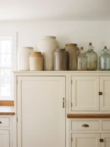 Oversized ceramic jars and glass jugs decorating the tops of kitchen cabinets